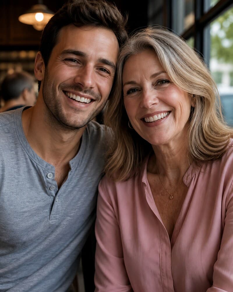 Couple laughing together on a cafe date